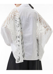 White Hollow Out Blouse Tops Button Batwing Sleeve