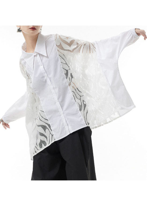 White Hollow Out Blouse Tops Button Batwing Sleeve