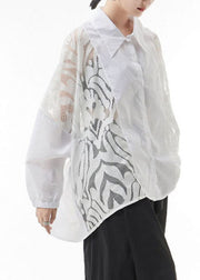 White Hollow Out Blouse Tops Button Batwing Sleeve