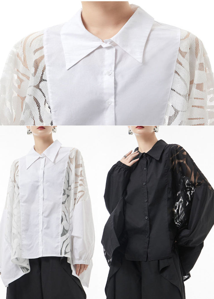 White Hollow Out Blouse Tops Button Batwing Sleeve