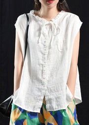 White O-Neck Button Pockets Top Short Sleeve