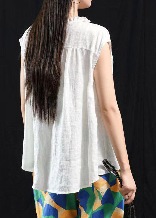 White O-Neck Button Pockets Top Short Sleeve