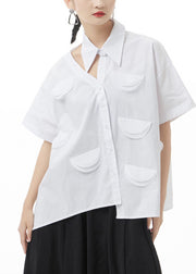 White Patchwork Blouse Tops Hollow Out Short Sleeve