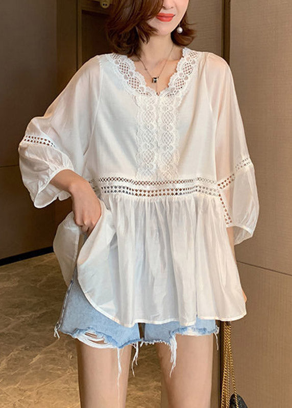 White Wrinkled Out Patchwork Lace Top Puff Sleeve