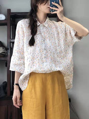 White Print Linen Blouse Tops Peter Pan Collar Button Long Sleeve