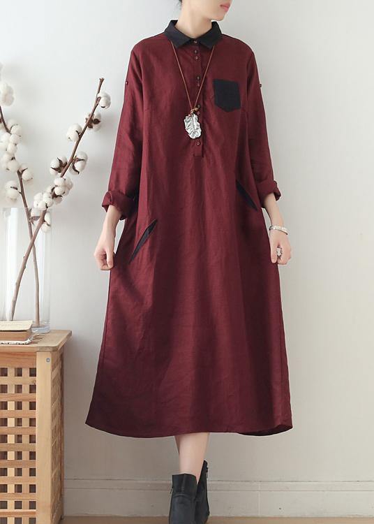 Wine Red Large Linen Long Shirt Dress Robe - SooLinen