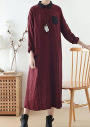 Wine Red Large Linen Long Shirt Dress Robe - SooLinen