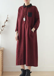 Wine Red Large Linen Long Shirt Dress Robe - SooLinen