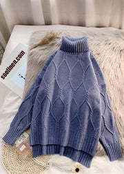 Winter blue clothes high neck baggy oversize knit tops - SooLinen