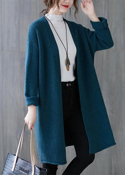 Winter blue knitted outwear plus size clothing fall v neck knitted coat - SooLinen