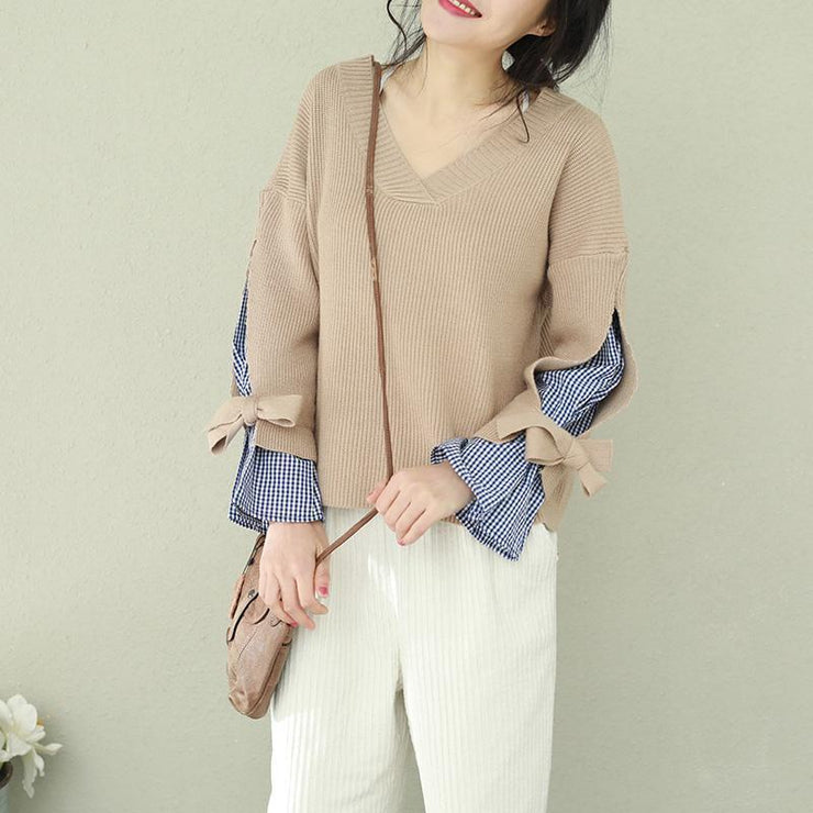 Winter brown knit tops plus size v neck knit sweat tops false two pieces