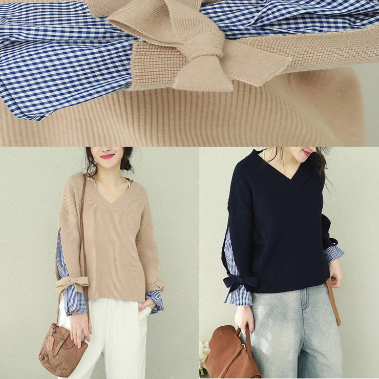 Winter brown knit tops plus size v neck knit sweat tops false two pieces