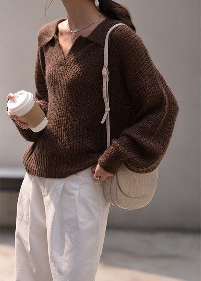 Winter chocolate knit sweat tops oversize v neck long sleeve sweater tops - SooLinen