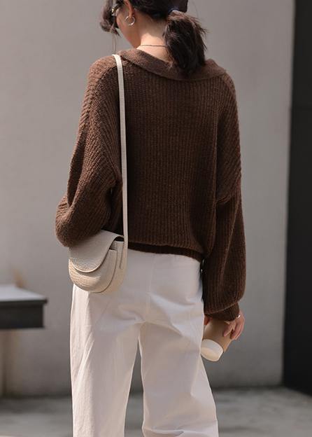 Winter chocolate knit sweat tops oversize v neck long sleeve sweater tops - SooLinen