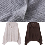 Winter chocolate knit sweat tops oversize v neck long sleeve sweater tops - SooLinen