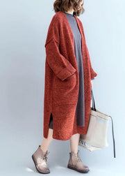 Winter fall sweaters oversized red pockets patchwork sweater coat - SooLinen