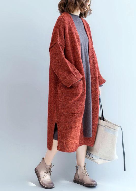 Winter fall sweaters oversized red pockets patchwork sweater coat - SooLinen