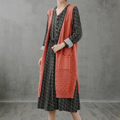 Winter knitted coat plus size orange v neck sleeveless long coats - SooLinen