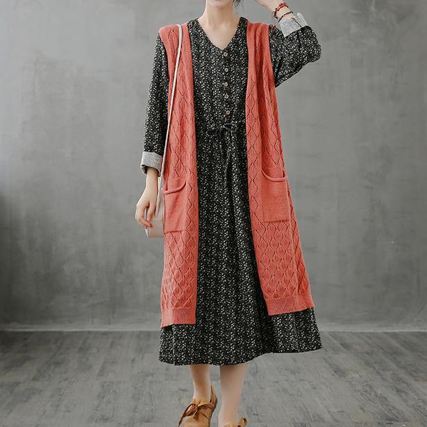 Winter knitted coat plus size orange v neck sleeveless long coats - SooLinen