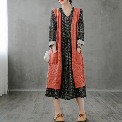 Winter knitted coat plus size orange v neck sleeveless long coats - SooLinen