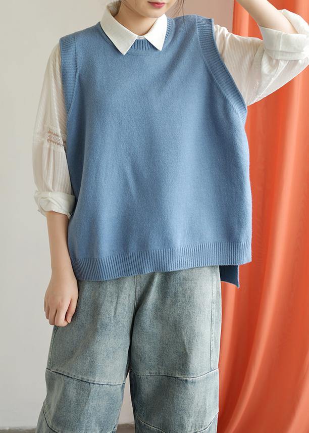 Winter o neck blue knit sweat tops casual low high design top silhouette - SooLinen