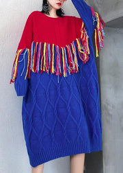 Winter o neck tassel Sweater weather Women blue patchwork red Mujer knitwear - SooLinen