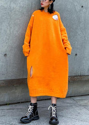 Winter orange Sweater knit dress Street Style o neck Hole Largo sweater dress - SooLinen