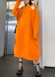 Winter orange Sweater knit dress Street Style o neck Hole Largo sweater dress - SooLinen