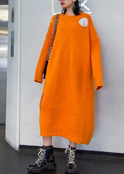 Winter orange Sweater knit dress Street Style o neck Hole Largo sweater dress - SooLinen