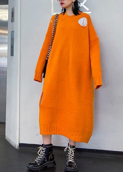 Winter orange Sweater knit dress Street Style o neck Hole Largo sweater dress - SooLinen