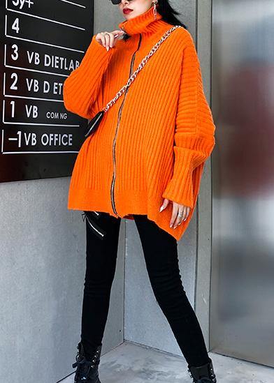 Winter orange knit tops trendy plus size high neck zippered knit blouse - SooLinen