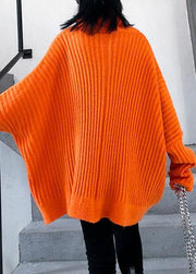 Winter orange knit tops trendy plus size high neck zippered knit blouse - SooLinen