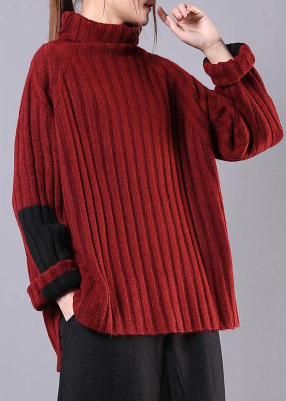 Winter red knitwear casual high neck baggy sweater tops - SooLinen