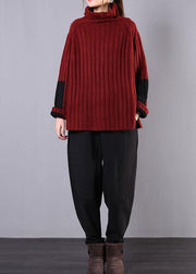 Winter red knitwear casual high neck baggy sweater tops - SooLinen