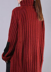 Winter red knitwear casual high neck baggy sweater tops - SooLinen