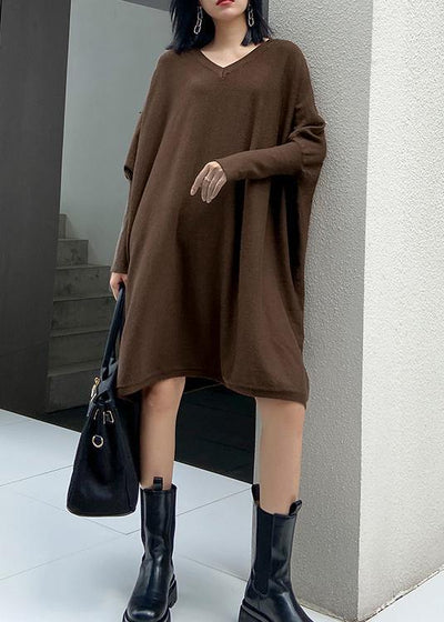 Winter v neck Batwing Sleeve Sweater weather Women chocolate Largo knitted dress - SooLinen