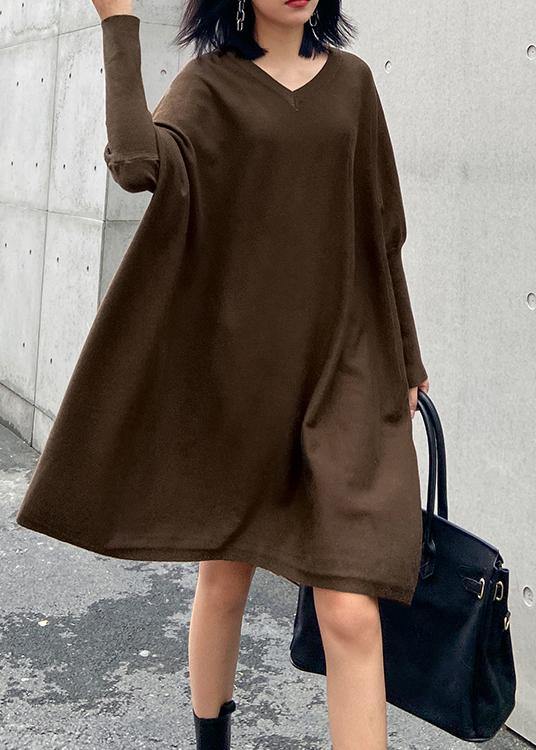 Winter v neck Batwing Sleeve Sweater weather Women chocolate Largo knitted dress - SooLinen