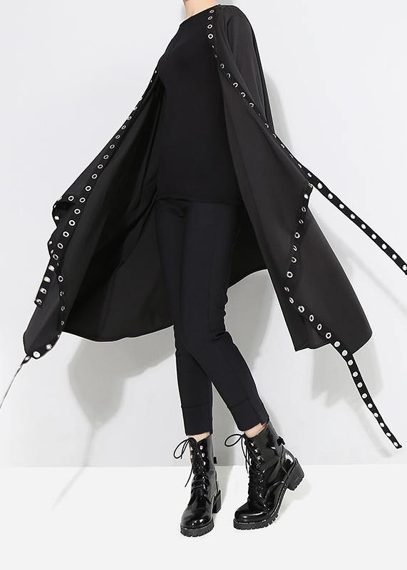 Woman Solid Black Unique Cape Style Coat - SooLinen