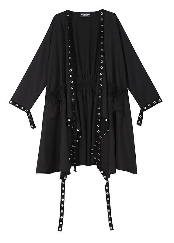 Woman Solid Black Unique Cape Style Coat - SooLinen