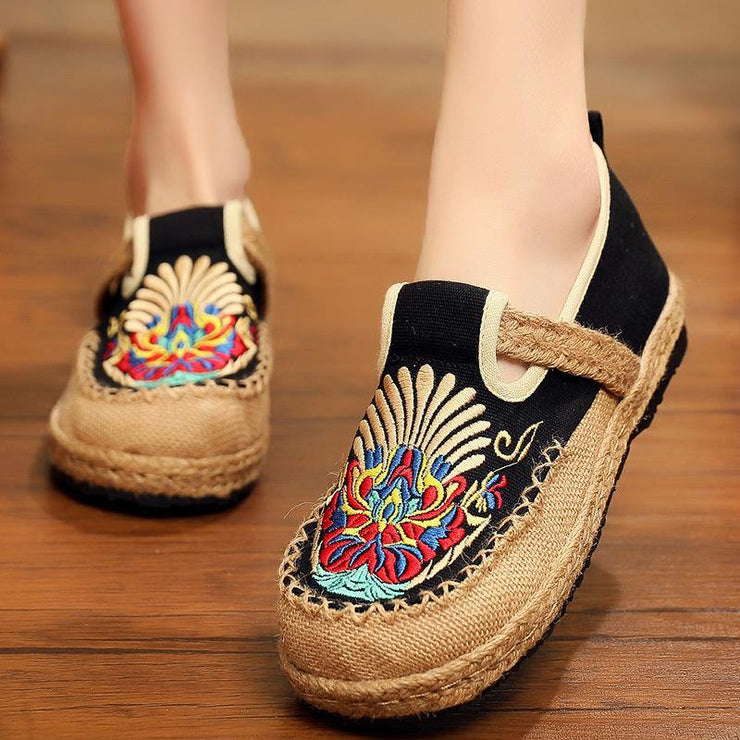 Women  Flats Black Embroideried Cotton Fabric Flats Shoes - SooLinen