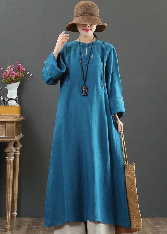 Women  Stand Collar Pockets Spring Clothes Women Work Navy Long Dress - SooLinen