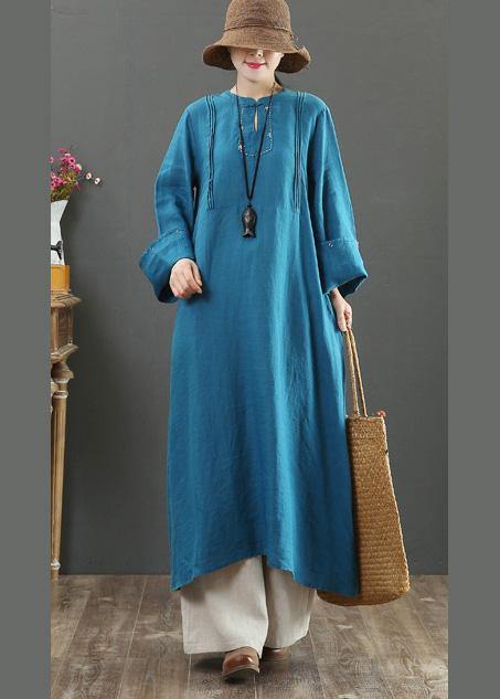 Women  Stand Collar Pockets Spring Clothes Women Work Navy Long Dress - SooLinen