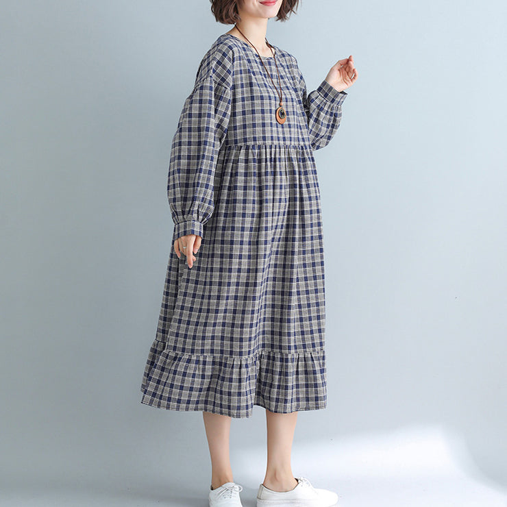 Women Apparel Casual Loose Plaid Dress Fashion Cotton Linen Dresses