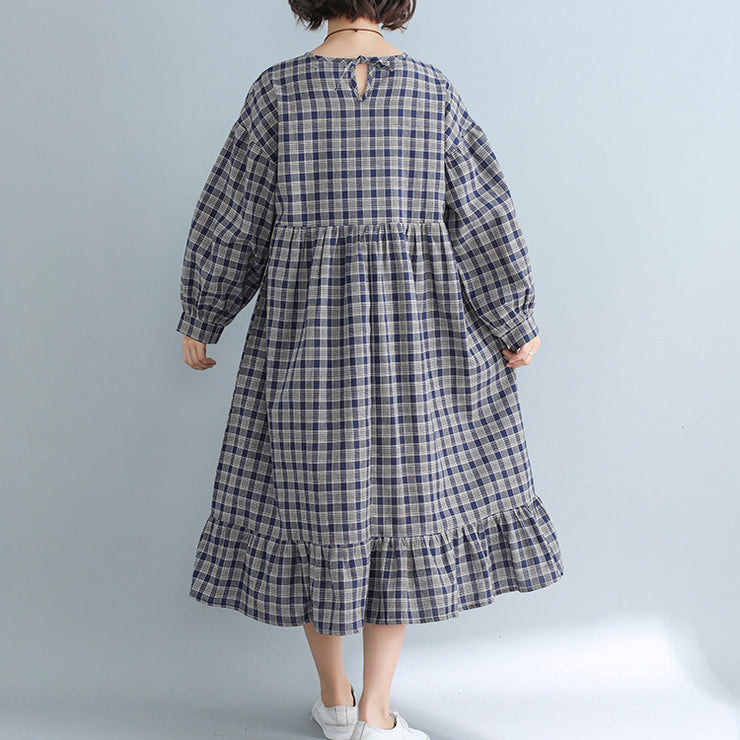 Damenbekleidung Casual Loose Plaid Dress Fashion Cotton Leinenkleider