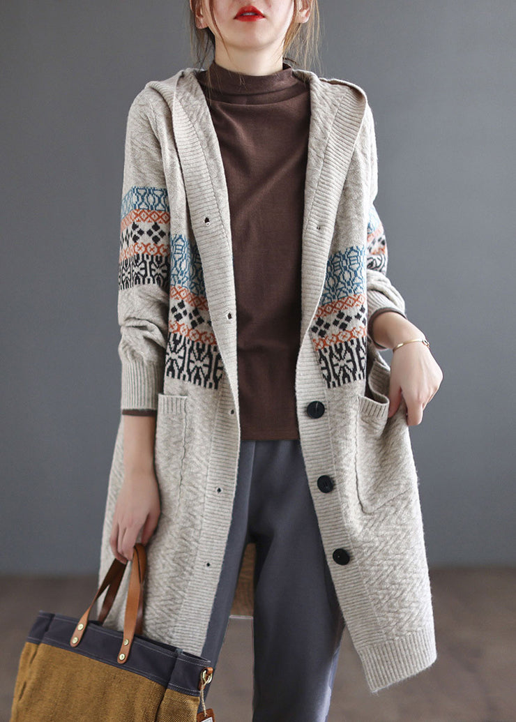 Women Beige Button Knitted Hooded Coats Cardigans Spring