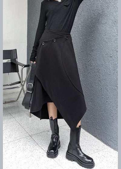 Women Black Asymmetrical Button Cotton Skirt - SooLinen