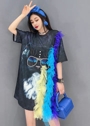 Women Black Asymmetrical Design Tulle Patchwork Print Dress Short Sleeve