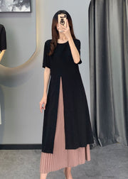 Women Black Chiffon Patchwork side open Dresses Short Sleeve