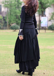 Women Black Cinched Patchwork Cotton Skirt Spring