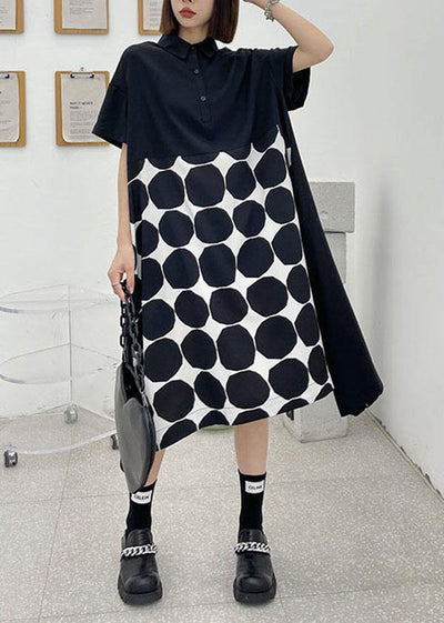 Women Black Dot Summer Short Sleeve Dress - SooLinen